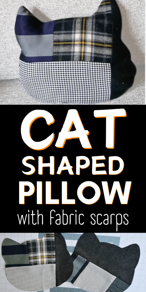 cat shaped pillow with fabric scraps