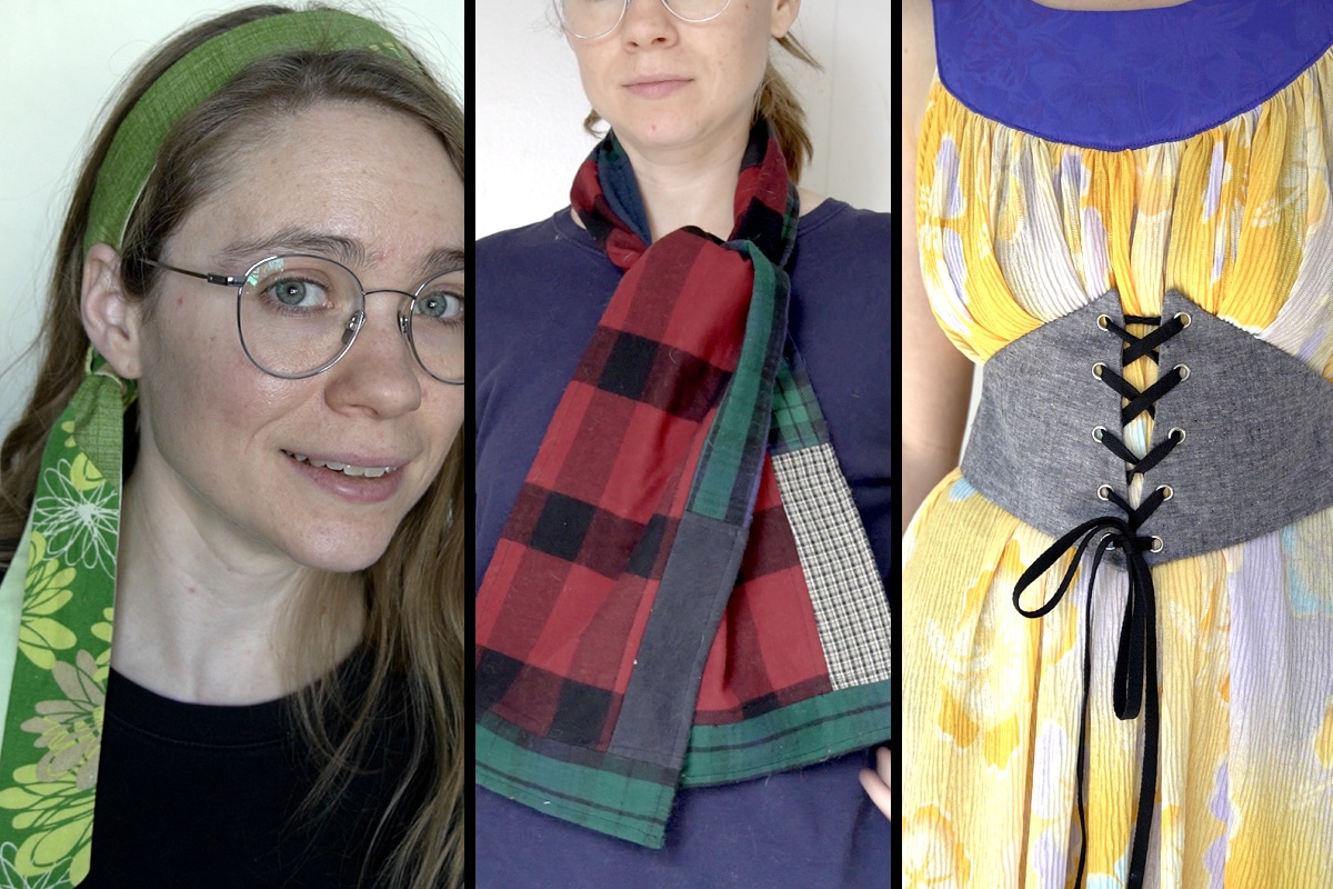 examples of fabric projects: a headband, a scarf, and a corset belt