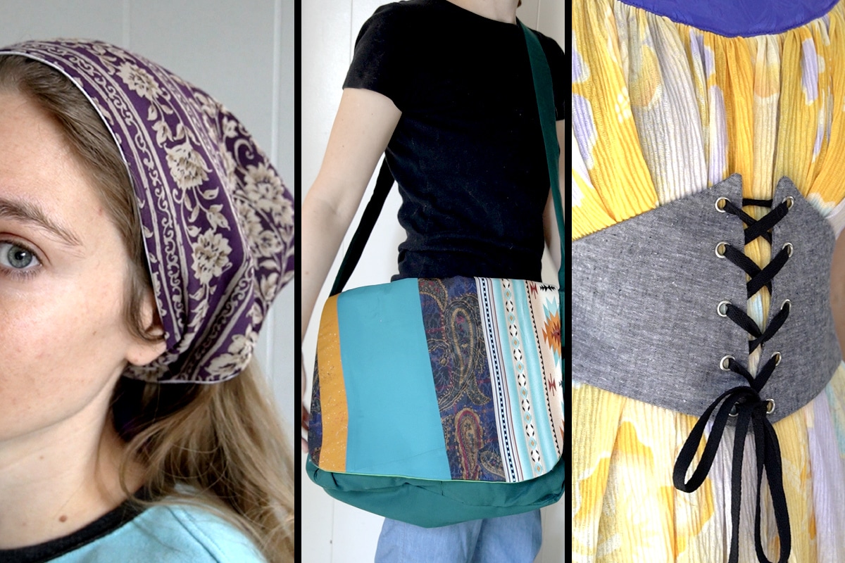 examples of fabric projects: a headband, a messenger bag, and a corset belt