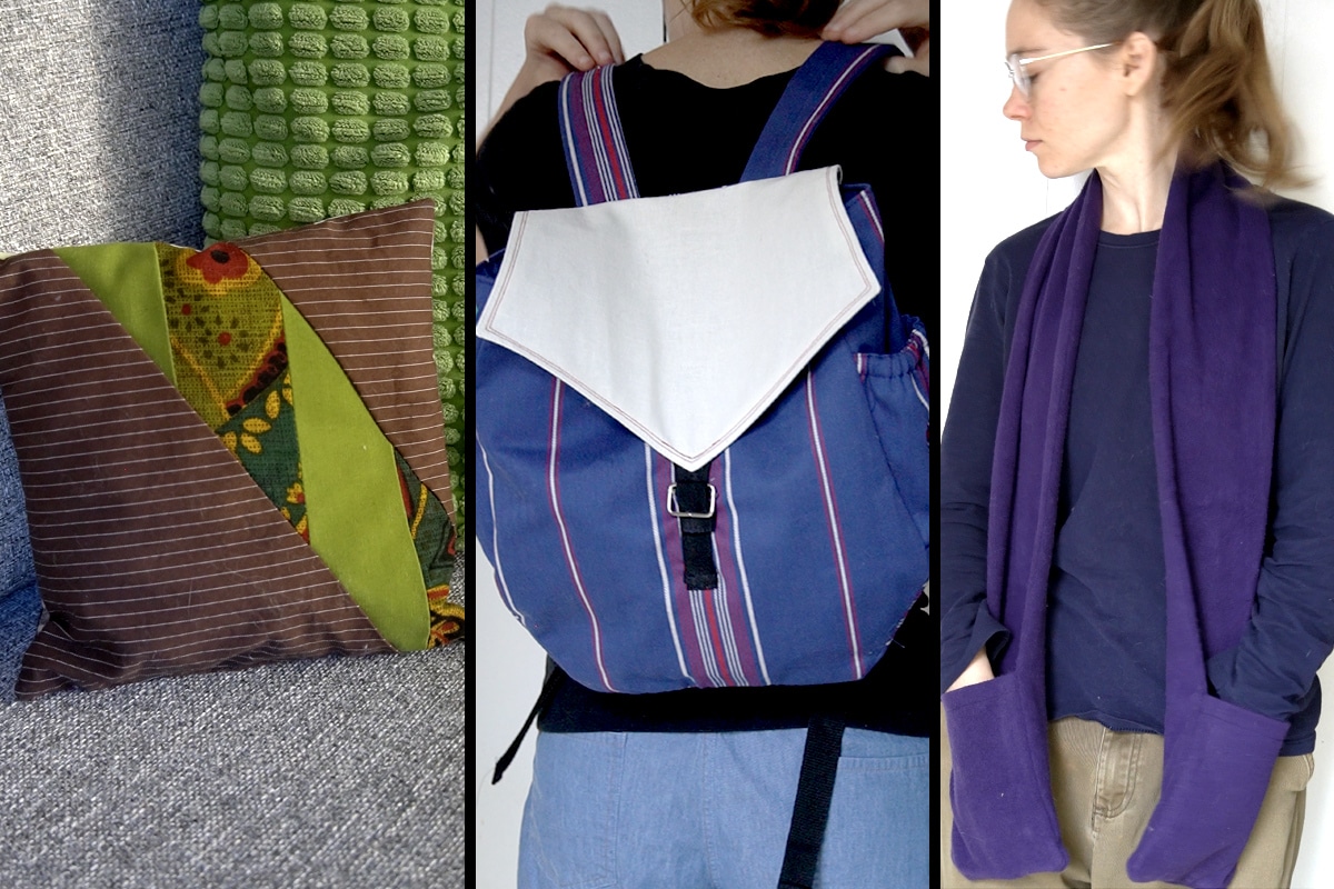 examples of fabric projects: a pillow, a backpack, and a fleece scarf