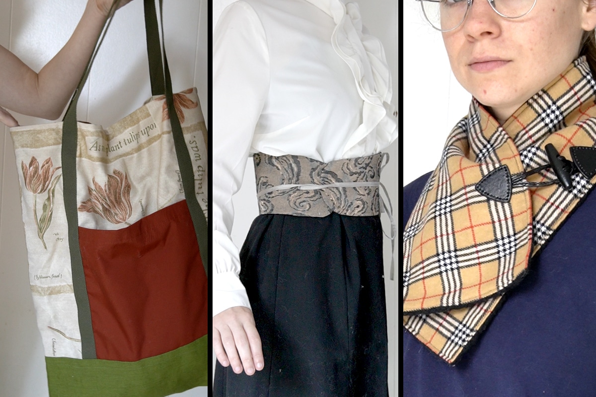 examples of fabric projects: a tote bag, a wide belt, and a cowl scarf