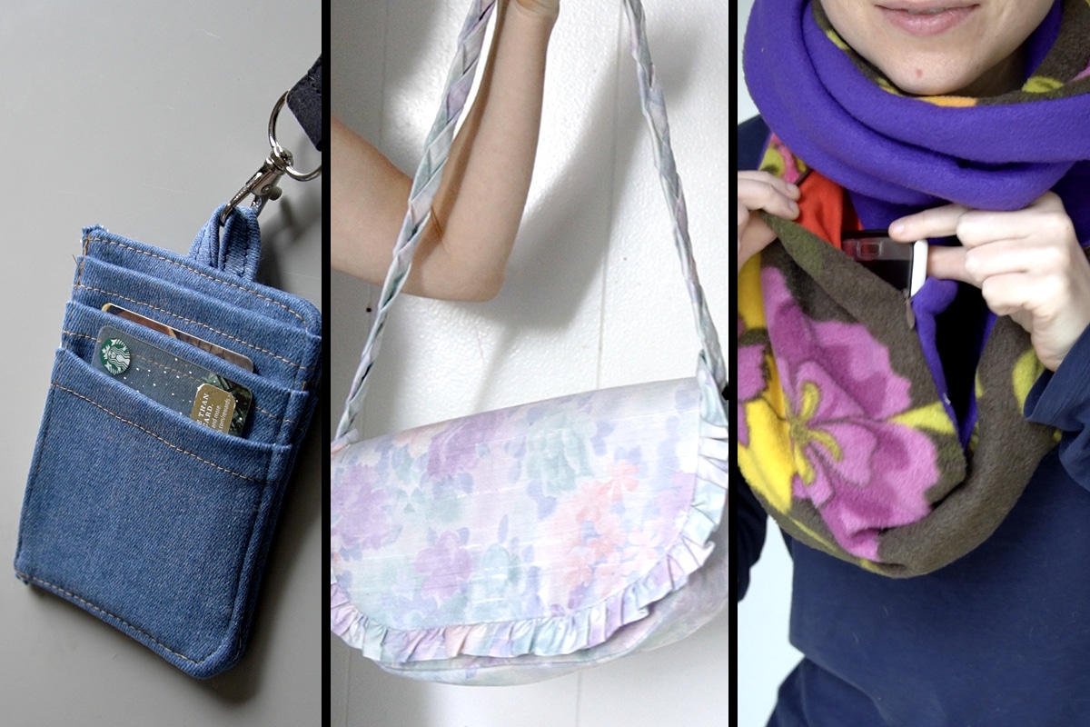 examples of fabric projects: keychain wallet, clutch purse, infinity scarf