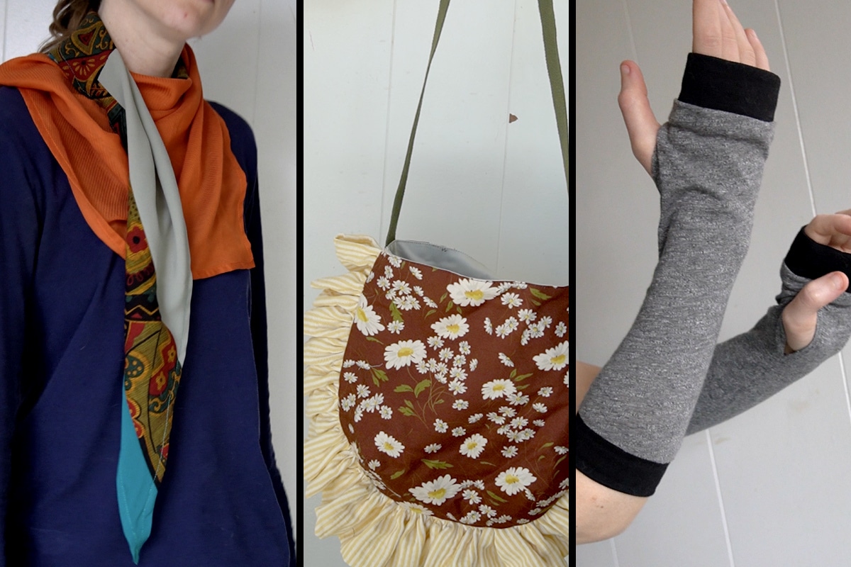 examples of fabric projects: a fashion scarf, a ruffle bag, and arm warmers