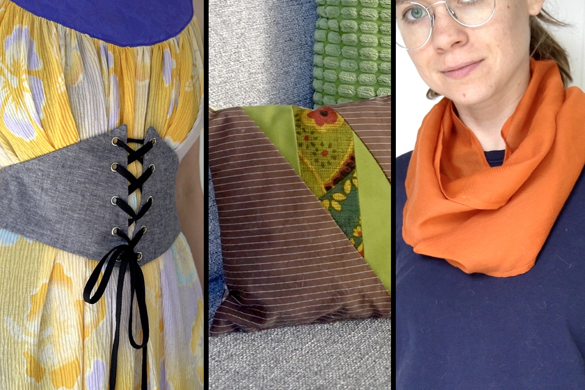 examples of fabric projects: a corset belt, a pillow, and an infinity scarf