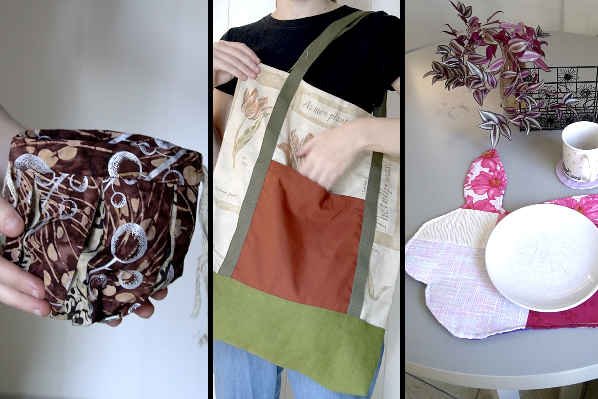 examples of fabric projects: a drawstring pouch, a tote bag, a bunny placemat