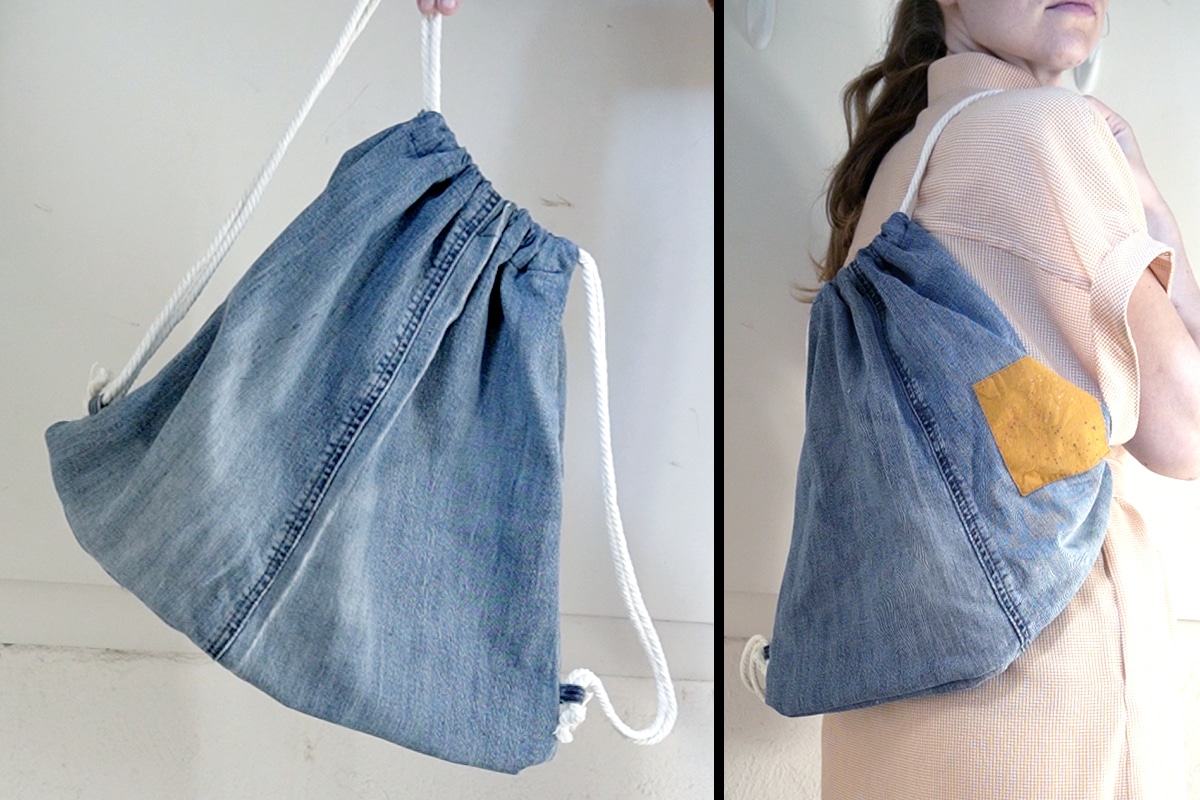 denim drawstring tote