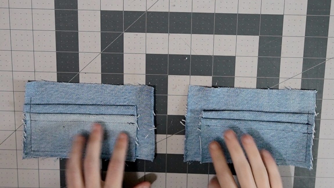 stack the side pocket, middle pocket, and lower pocket pieces and baste in place