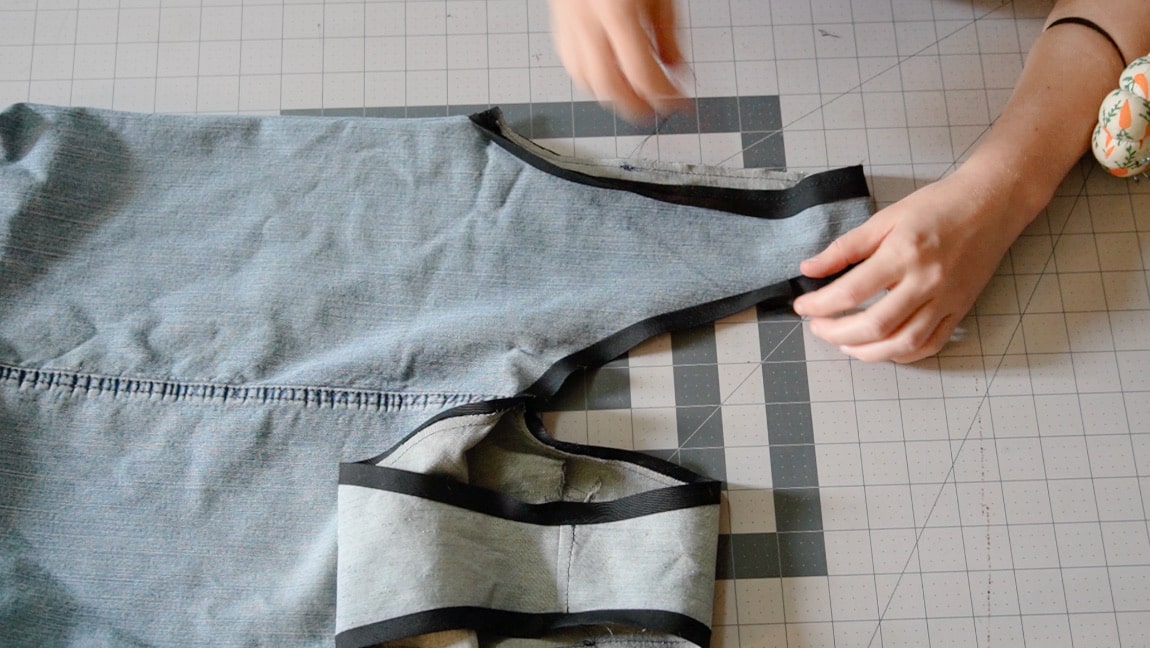 sew double fold bias tape to the right side of bag