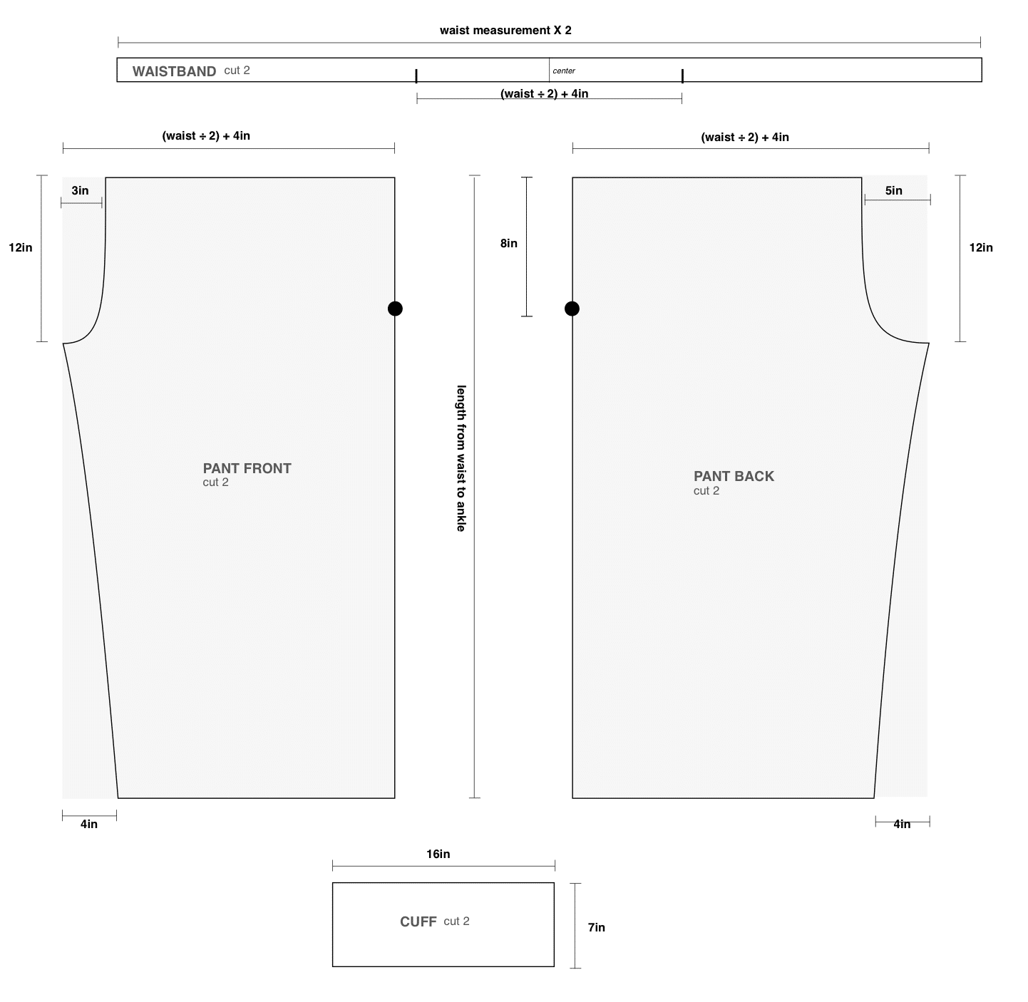 loose tie-on pants sewing pattern diagram